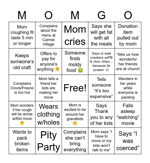 Mom Bingo Card