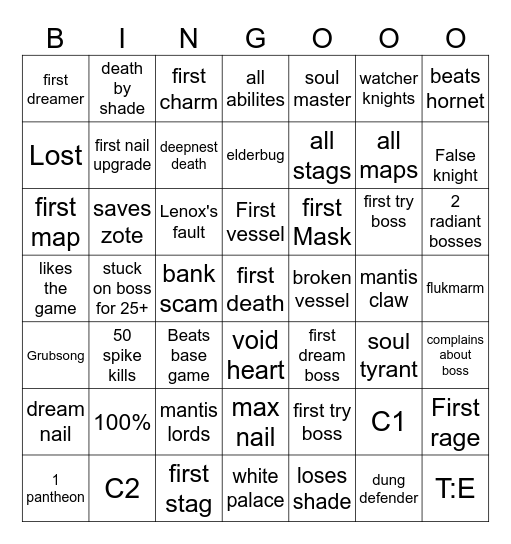 Oni hollowknight Bingo Card