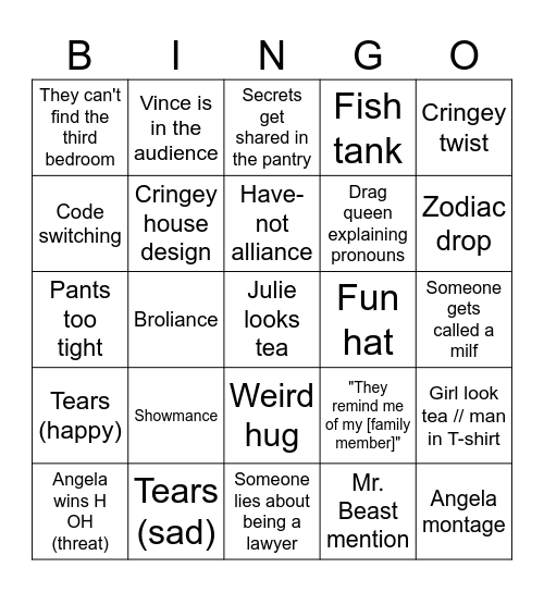 Big Brother 28 Premiere Bingo Card