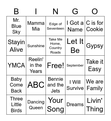 70's Music Bingo Card
