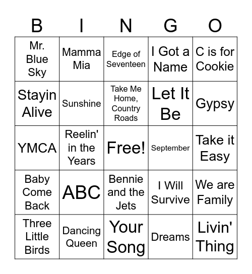 70's Music Bingo Card