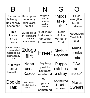 2Dog Stream Bingo V2 Bingo Card