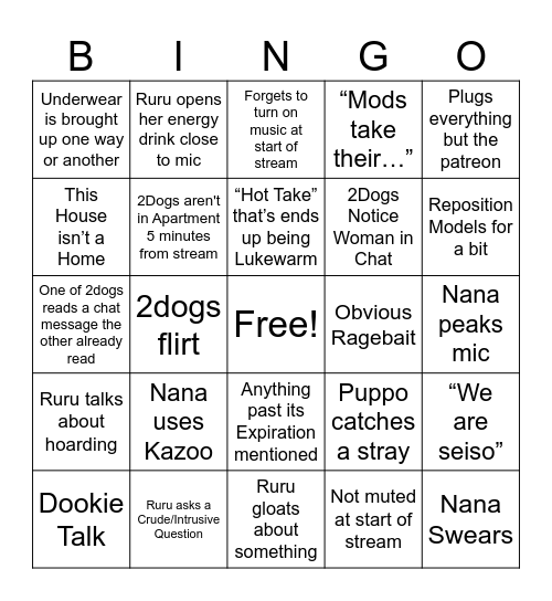 2Dog Stream Bingo V2 Bingo Card