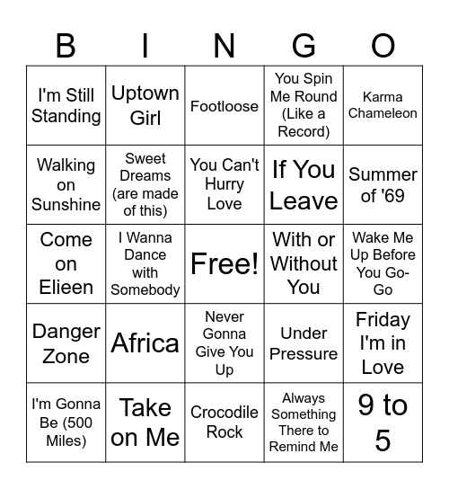 80's Music Bingo Card
