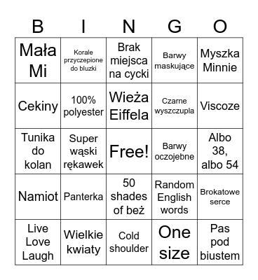 Plus size fashion Bingo Card