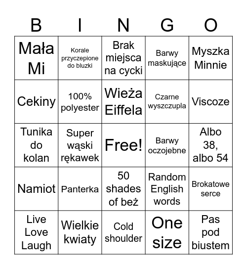 Plus size fashion Bingo Card