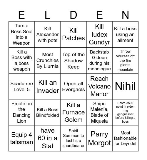 Elden Ring Bingo Card