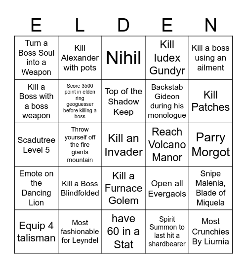 Elden Ring Bingo Card