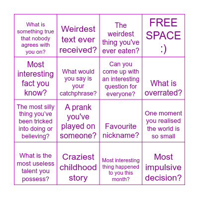 Names down for the best answer! Bingo Card