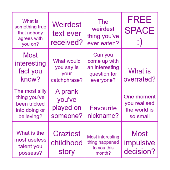 Names down for the best answer! Bingo Card