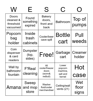 Wesco Cleaning Bingo Card