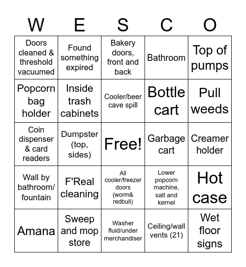 Wesco Cleaning Bingo Card