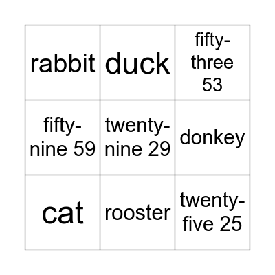 Numbers and Farm Animals Bingo Card