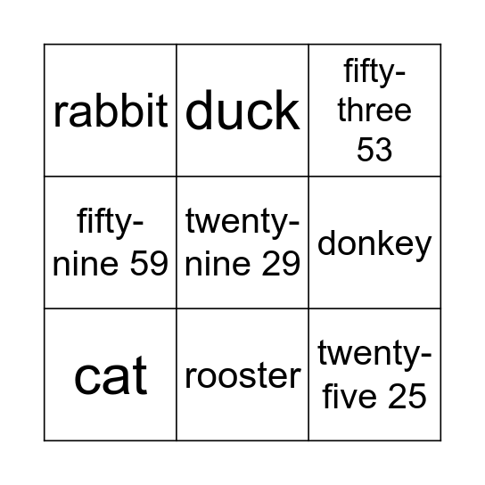 Numbers and Farm Animals Bingo Card