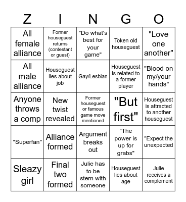 Big Brother Season 28 BINGO Card