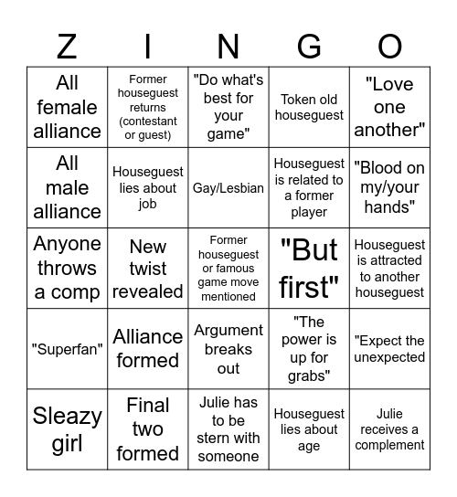 Big Brother Season 28 BINGO Card