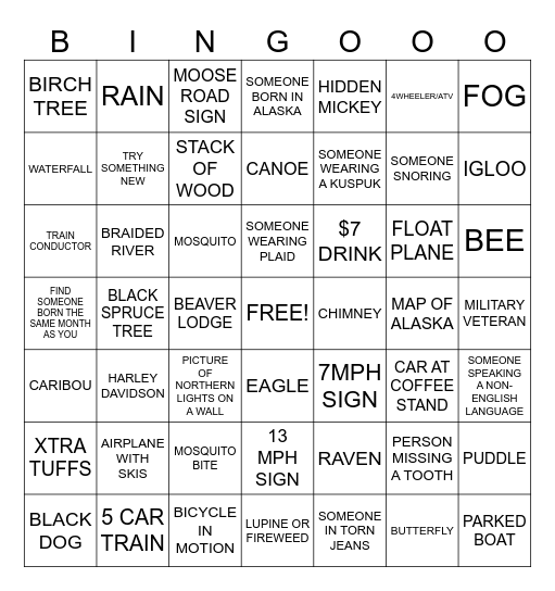 ALASKA SIGHTSEEING BINGO Card