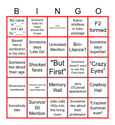 BB28 PREMIERE NIGHT Bingo Card