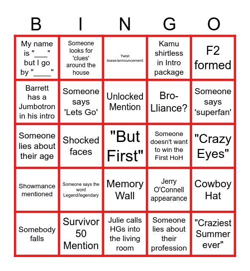 BB28 PREMIERE NIGHT Bingo Card