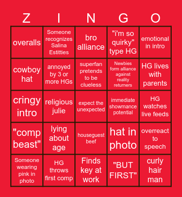 Big Brother 28 Premiere Bingo Card