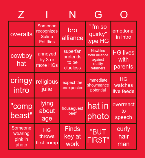 Big Brother 28 Premiere Bingo Card
