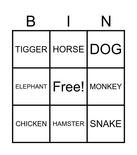 ANIMALS Bingo Card