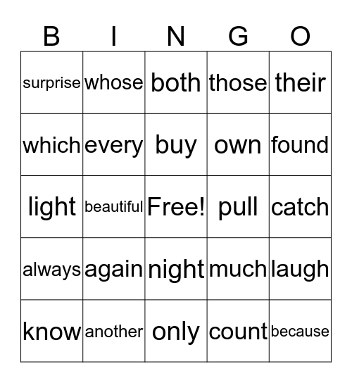 1B Tricky Words Bingo Card