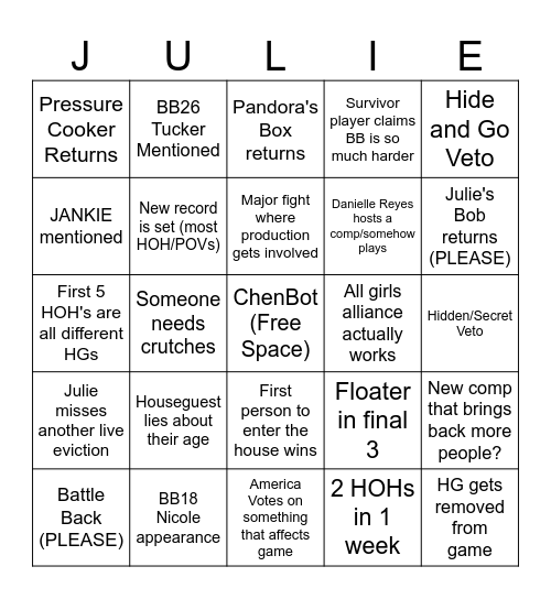 BB 28 JULIE Bingo Card