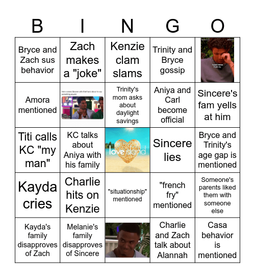 Love Island Family Night Bingo Card