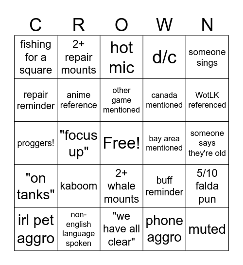 Bingo of the Cosmos Bingo Card