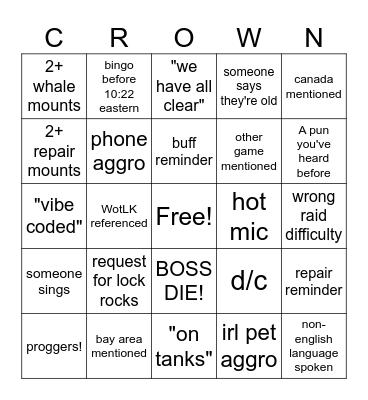Bingo of the Cosmos Bingo Card