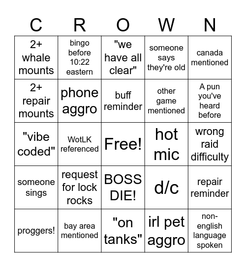 Bingo of the Cosmos Bingo Card