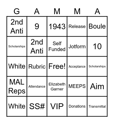 Gamma Phi Delta Sorority Bingo Card