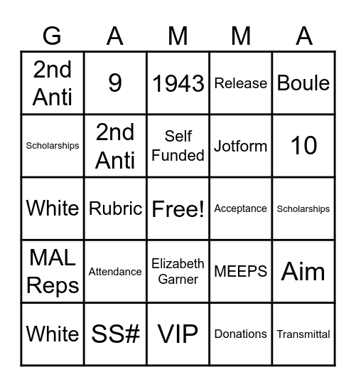 Gamma Phi Delta Sorority Bingo Card