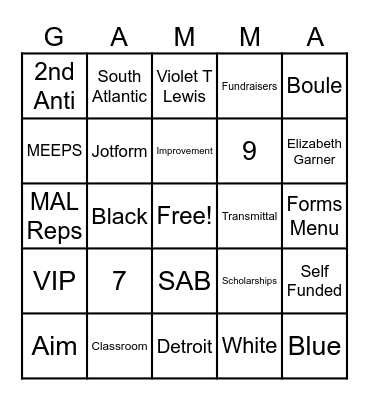 Gamma Phi Delta Sorority Bingo Card