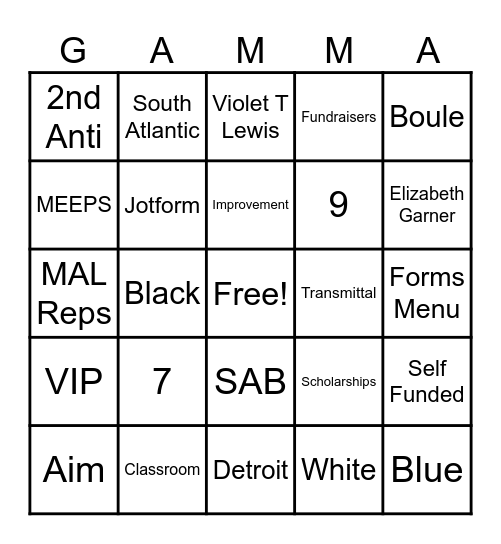 Gamma Phi Delta Sorority Bingo Card