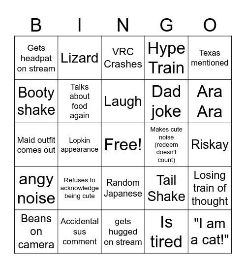 Actardebus Bingo (VRC Streams) Bingo Card