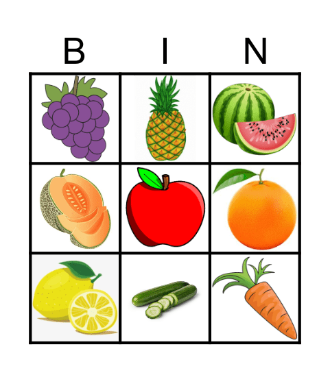 Fruits and Vegetables Bingo Card