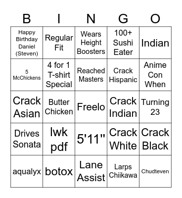Steven Shabang Bingo Card