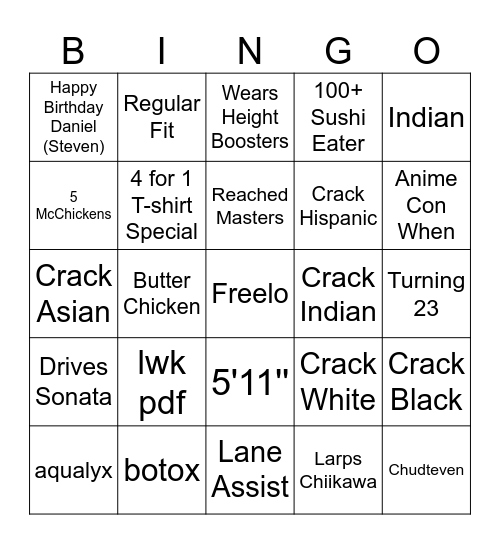 Steven Shabang Bingo Card