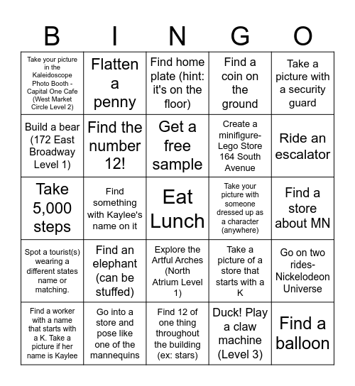 Kaylee's Birthday Bingo Card
