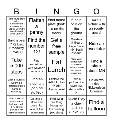 Kaylee's Birthday Bingo Card