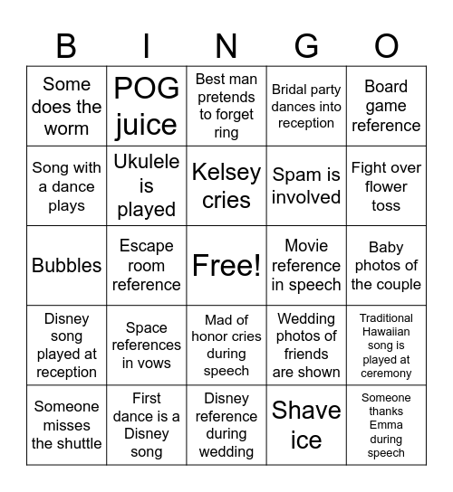 Bingo Wedding Edition Bingo Card