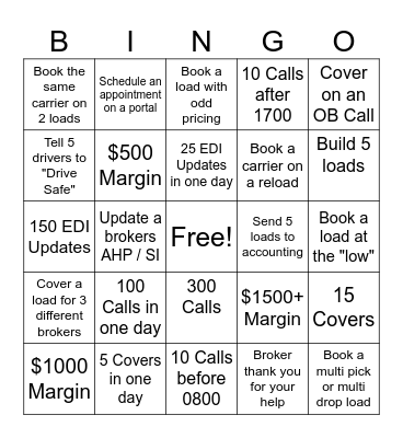 Operation Safe Driver Week Bingo Card