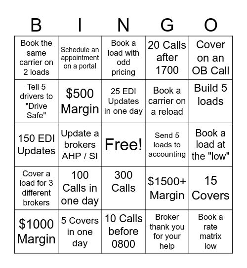Operation Safe Driver Week Bingo Card