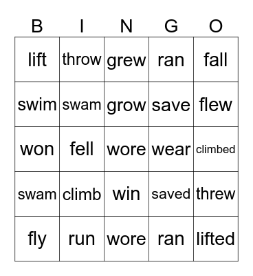 past tense Bingo Card