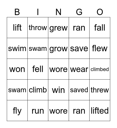 past tense Bingo Card