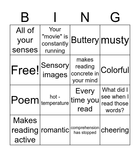 Sensory Bingo Card