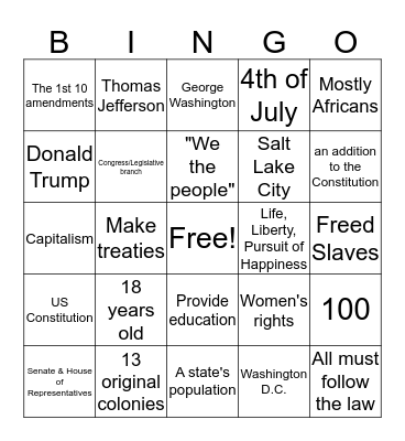 US History Study Guide Bingo Card