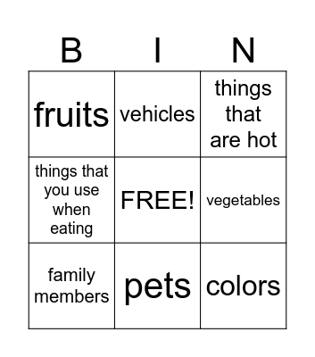 Categories Bingo Card